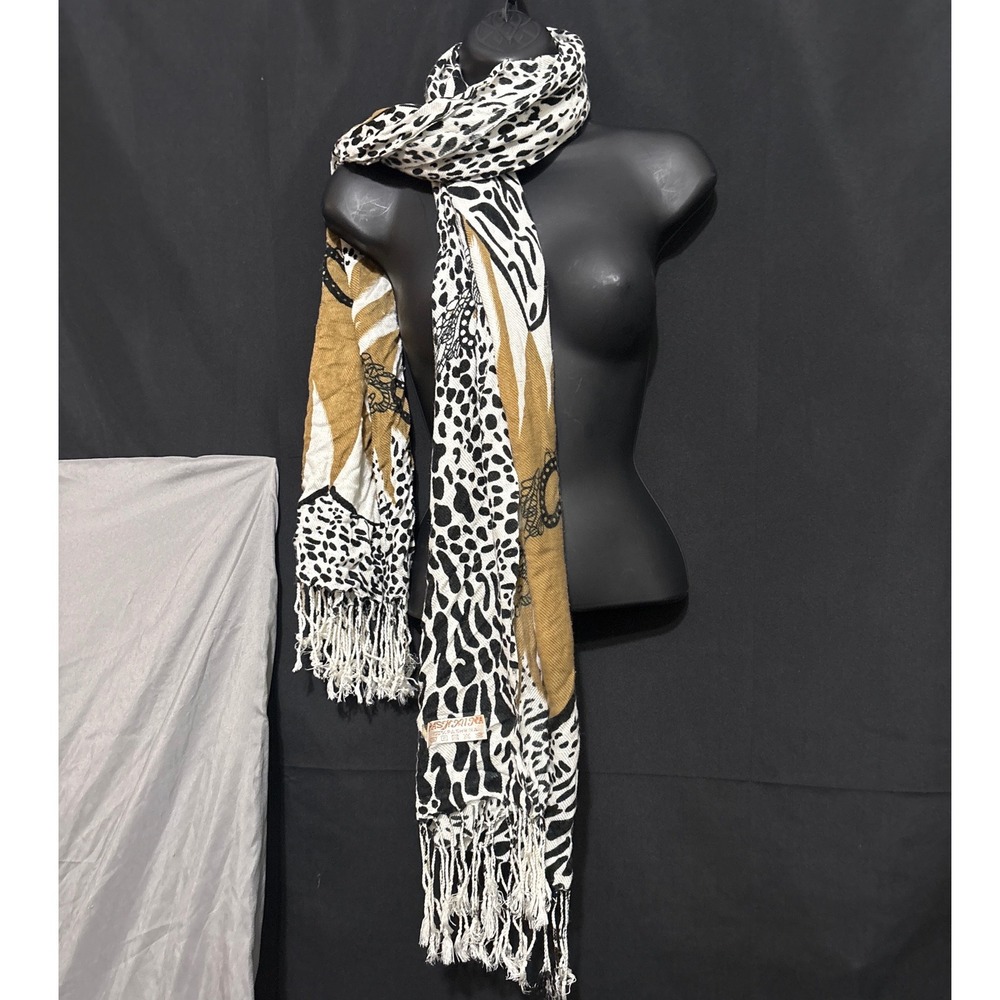 Pashmina Leopard Zebra Print Scarf Black Tan White Fringed Wrap Shawl 80 Inch